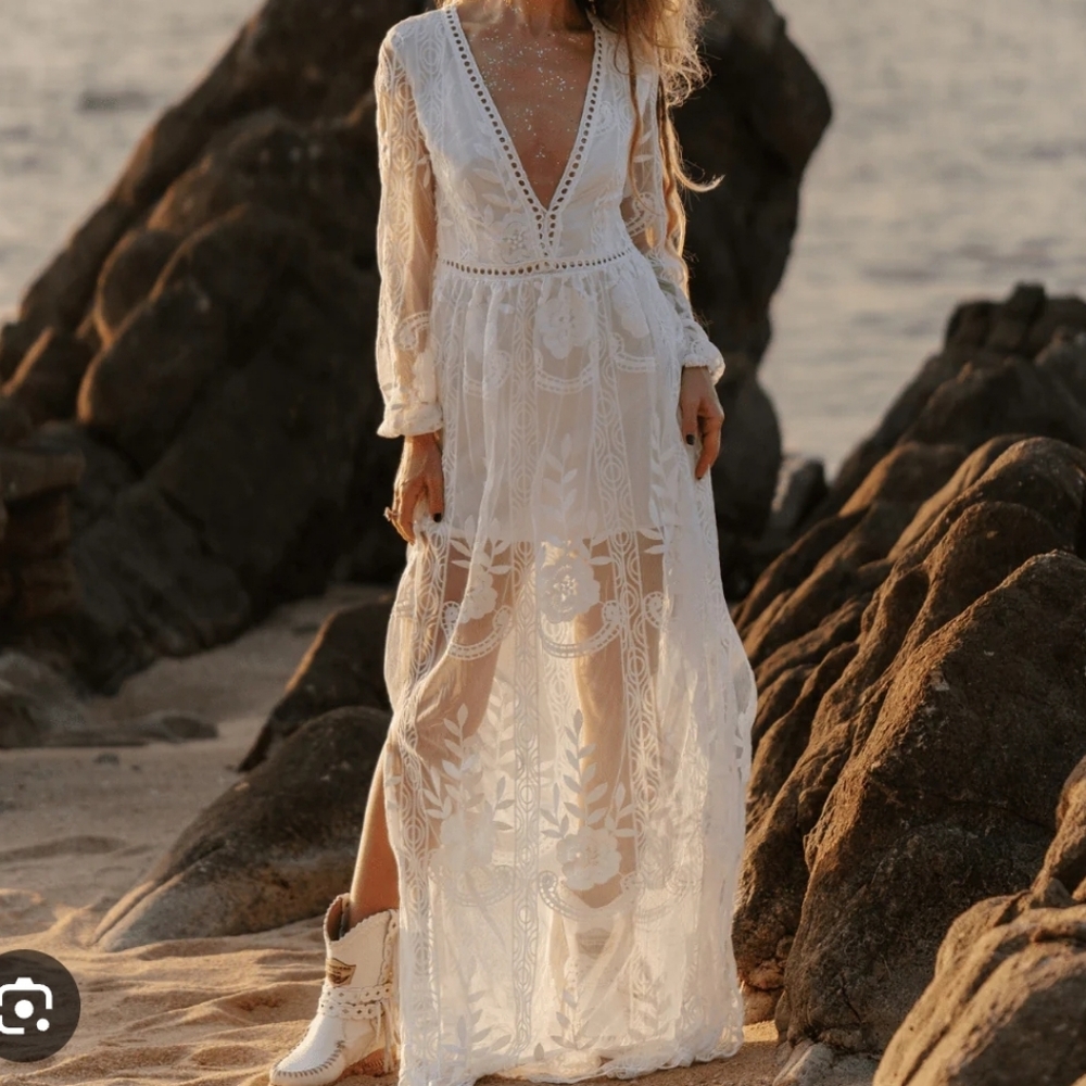 Wishlist White Sheer Lace Long Sleeve Maxi Romper with Deep V